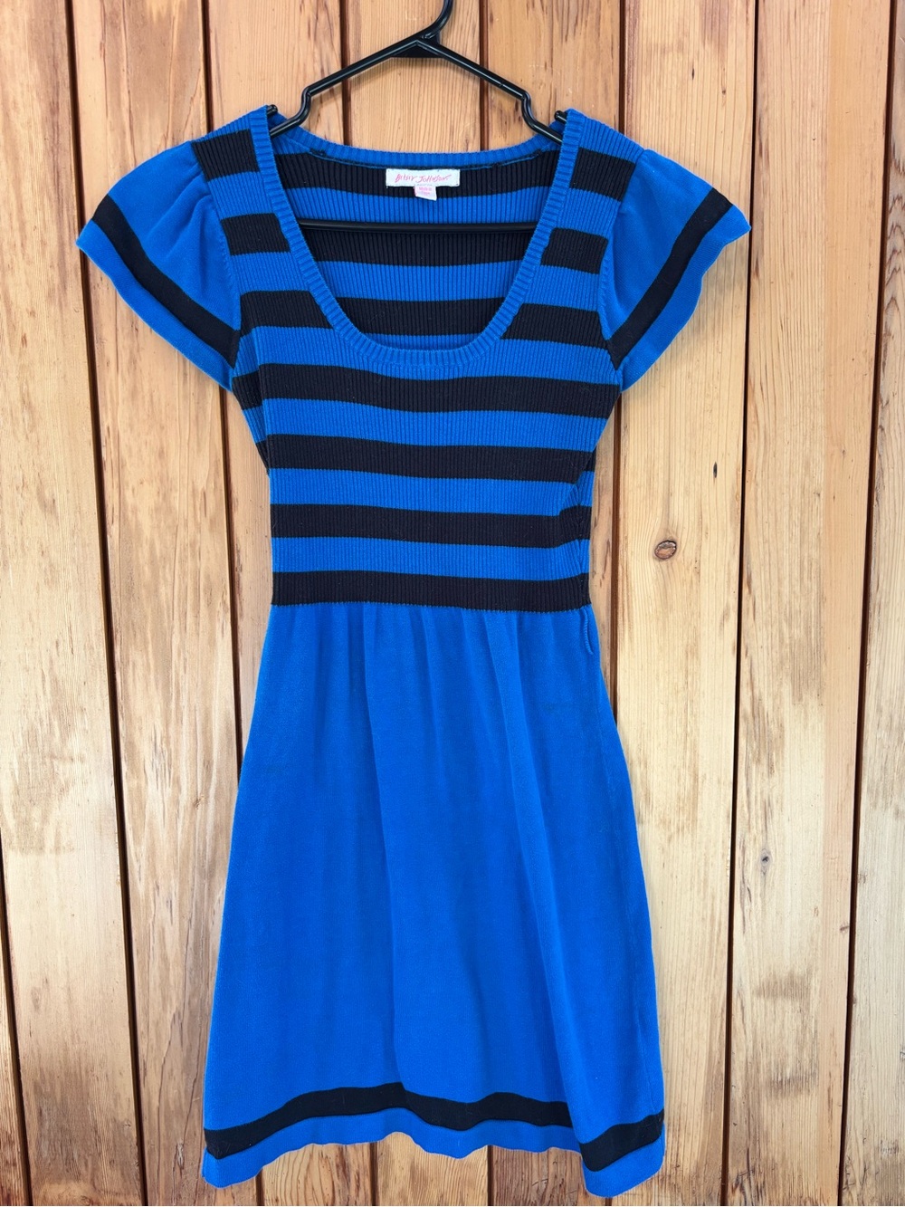 Vintage Betsey Johnson Y2K Striped Knit Dress Blue Black Scoop Neck